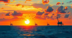 A symbolic representation of oil exploration with offshore rigs and oceanic landscapes in Africa under a vibrant sunset.