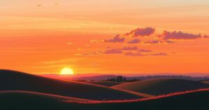A sunset sky blending warm hues of orange and purple over a tranquil landscape symbolizing peace.
