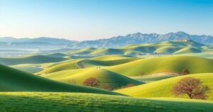 A peaceful southern Lebanon landscape under a blue sky, showcasing green hills and quiet borders with no human presence.
