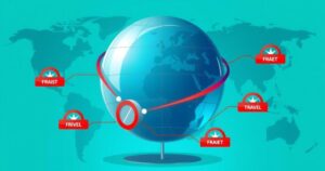 A symbolic representation of global travel restrictions featuring an abstract globe and multiple country outlines with barriers.