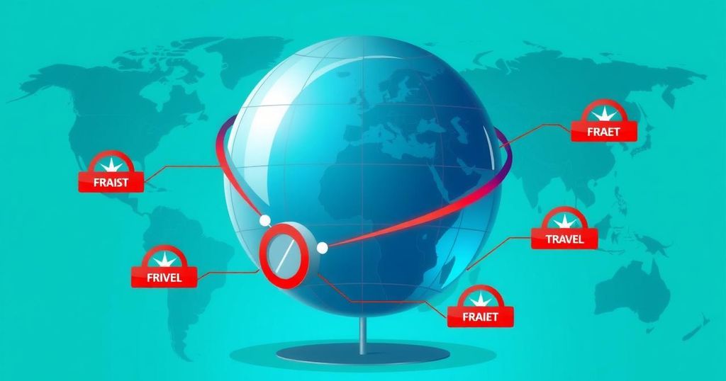 A symbolic representation of global travel restrictions featuring an abstract globe and multiple country outlines with barriers.