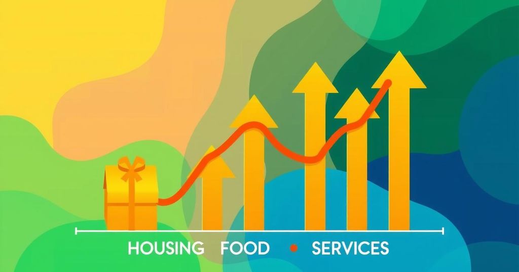 Graphical representation of Colombia's inflation trends with rising and falling elements, vibrant color scheme.