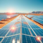 Vast solar panel array in a desert landscape, symbolizing renewable energy and land resilience under a clear blue sky.