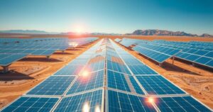 Vast solar panel array in a desert landscape, symbolizing renewable energy and land resilience under a clear blue sky.
