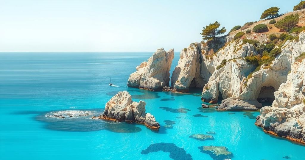 A picturesque view of Cyprus' coastline highlighting its Mediterranean beauty, featuring clear blue waters and rocky cliffs.