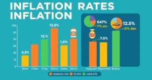 A colorful graphic illustrating inflation trends across Nigerian states with highlighted icons representing costs and food prices.