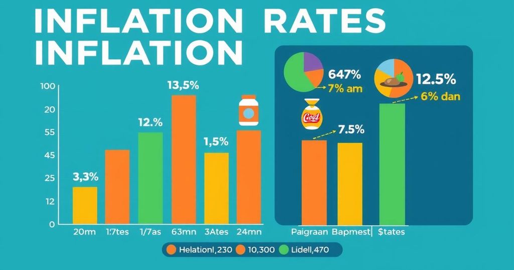 A colorful graphic illustrating inflation trends across Nigerian states with highlighted icons representing costs and food prices.