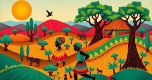 A vibrant scene representing Africa's economic development, featuring African landscapes and cultural symbols in warm colors.