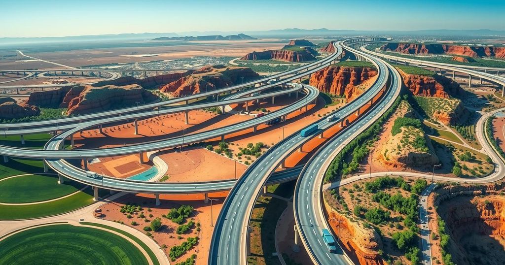 A vibrant truck transport route connecting Türkiye and Kuwait through various landscapes and infrastructures.
