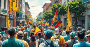 A vibrant protest scene in Sao Paulo, with diverse crowds gathering on a busy avenue, showcasing unity and determination.