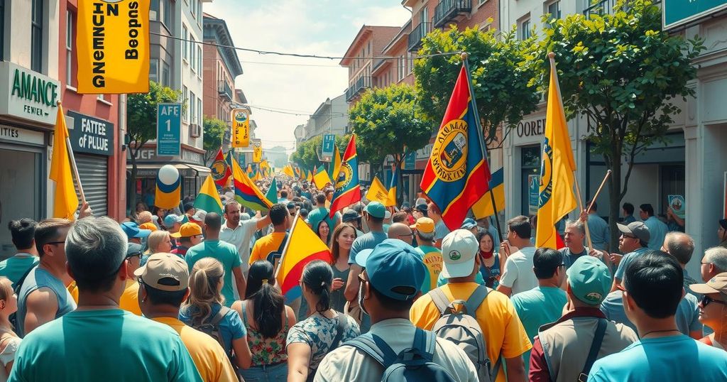 A vibrant protest scene in Sao Paulo, with diverse crowds gathering on a busy avenue, showcasing unity and determination.