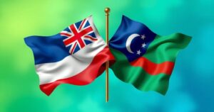 Two entwined flags representing peace between two nations with a backdrop of green and blue hues.