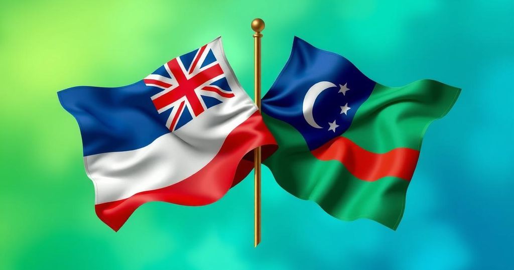 Two entwined flags representing peace between two nations with a backdrop of green and blue hues.