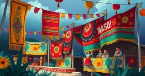 Colorful depiction of a Bolivian cultural festival with traditional decorations and symbolic elements.