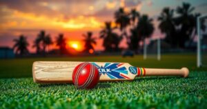 Cricket bat and ball on a pitch with a vibrant sunset sky, embodying sportsmanship and competition.