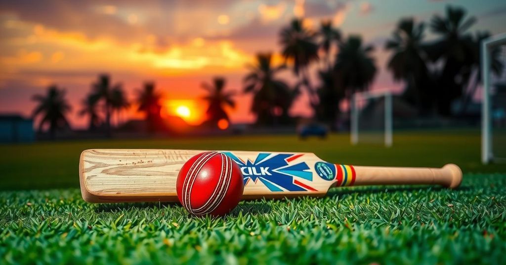 Cricket bat and ball on a pitch with a vibrant sunset sky, embodying sportsmanship and competition.