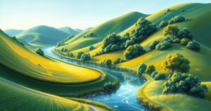 A serene landscape featuring gentle hills, lush greenery, and a tranquil river under a clear blue sky.