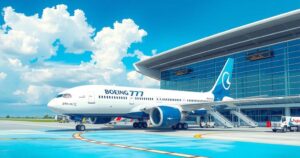 A sleek Boeing 777 parked at a bustling airport with clear skies, symbolizing international travel and rugby anticipation.