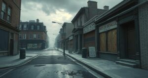 An empty urban street in a city, shops closed, grim atmosphere, conveying tension and uncertainty.