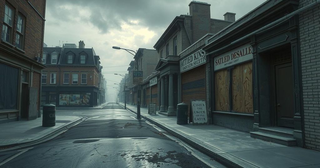 An empty urban street in a city, shops closed, grim atmosphere, conveying tension and uncertainty.