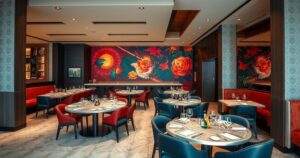 A sleek dining room showcasing Japanese-Peruvian fusion cuisine, vibrant colors and elegant decor evoke culinary excellence.