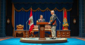 A ceremonial scene featuring a national honour award presentation on a wooden podium with golden elements, symbolizing leadership.