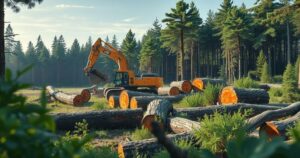 Illustration depicting a logging area with trees being cut down, emphasizing environmental impact and exploitation by officials.