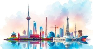 Symbolic representation of multilateralism and peaceful cooperation with colorful international landmarks.