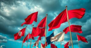 A group of flags under a cloudy sky symbolizing protest and solidarity for a cause.