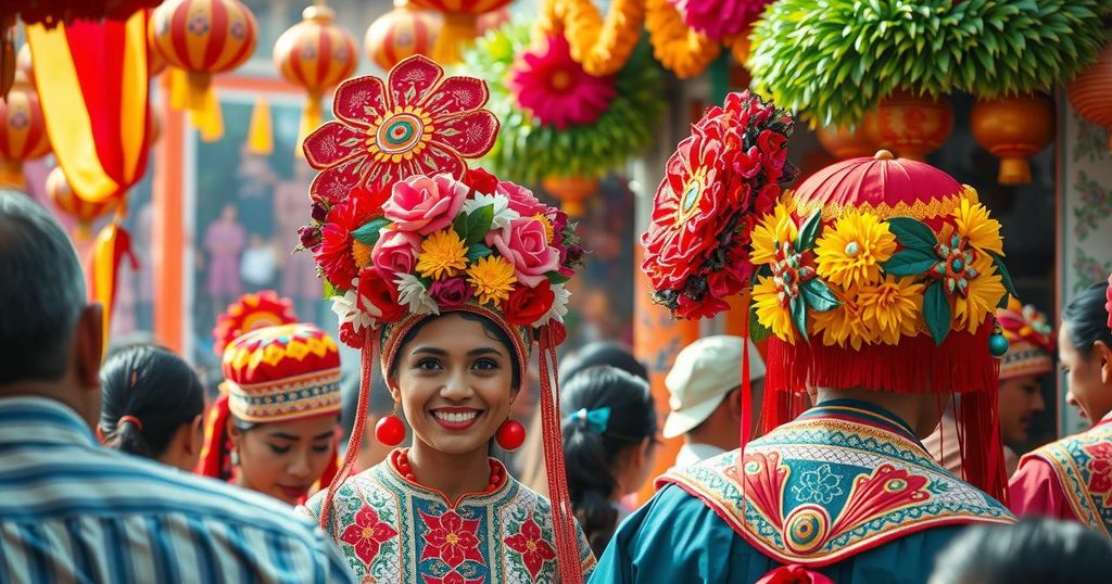 Colorful floral headpieces and ornate horse gear at Brazil's Cavalhadas festival celebrating cultural traditions.