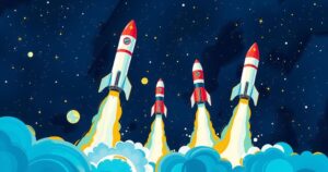 Three rockets launching into space with vibrant colors over a night sky, symbolizing international exploration.