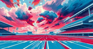 Athletic stadium track with vibrant colors and dramatic clouds, capturing the spirit of competition and speed.
