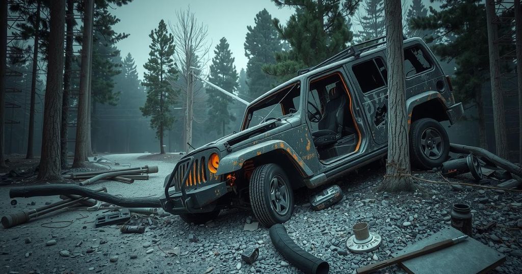 Devastated vehicle at a forest junction in Lebanon, showcasing the impact of airstrikes in a somber color palette.