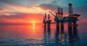 Deepwater oil exploration in Africa, showcasing oil rigs and rich ocean landscapes during sunset.