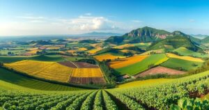 A scenic view of Brazil's lush agricultural landscape, reflecting the nation's economic resilience, in vibrant greens and earthy tones.