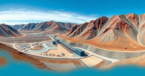 A scenic view of the Mallay Silver Mine in Peru featuring rugged terrain and mining structures under a bright sky.