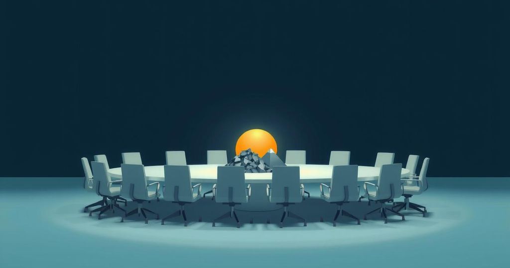 Abstract representation of nuclear negotiations with symbolic elements depicting diplomacy and uranium enrichment.