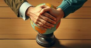 Symbolic representation of diplomacy with hands shaking over a globe, emphasizing mutual respect and collaboration.