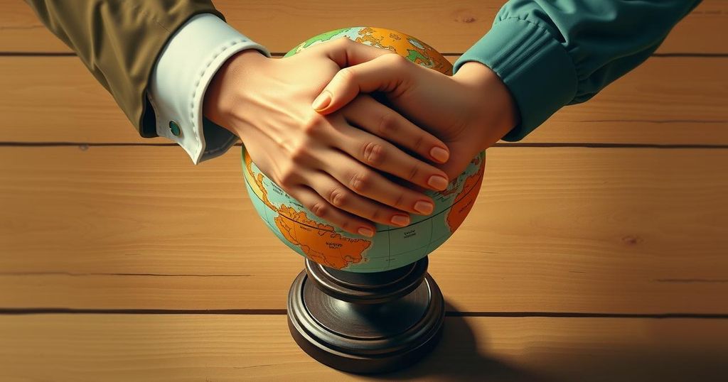 Symbolic representation of diplomacy with hands shaking over a globe, emphasizing mutual respect and collaboration.