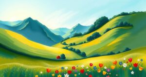 A peaceful landscape illustrating cooperation between nations, with vibrant colors symbolizing harmony.