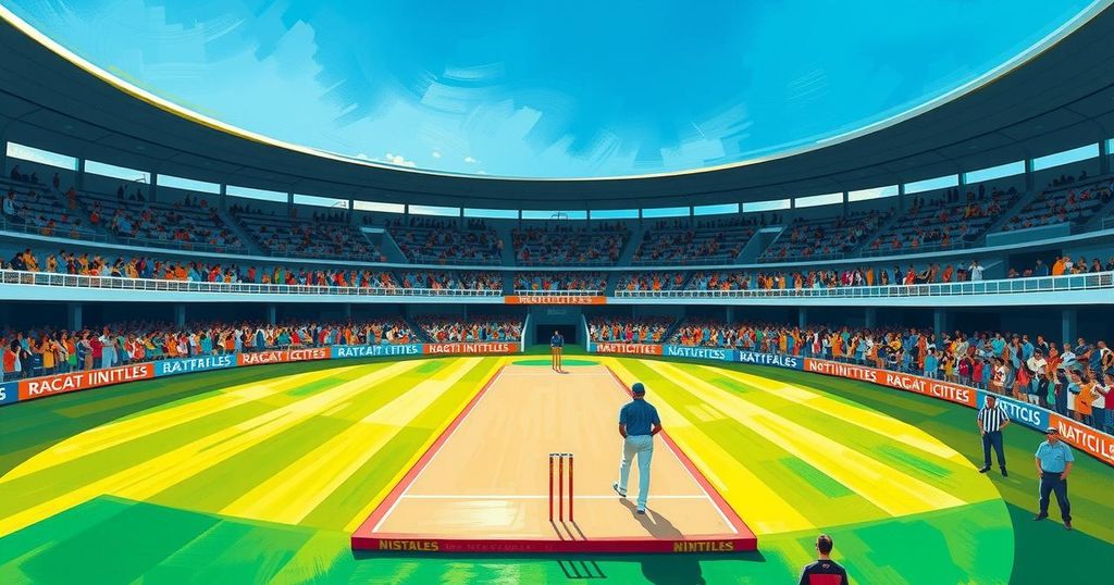 Cricket stadium with a vibrant atmosphere, featuring a pitch, stumps, and fans in colorful jerseys cheering.