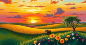 Strong and vibrant landscape symbolizing peace and unity in Sudan, showcasing local flora amidst a colorful sunset.