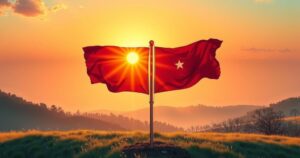 Two flags intertwining under a sunrise, symbolizing friendship and investment between South Korea and Ethiopia