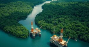 Aerial view of the Amazon River with oil rigs and lush green forest emphasizing environmental impact.