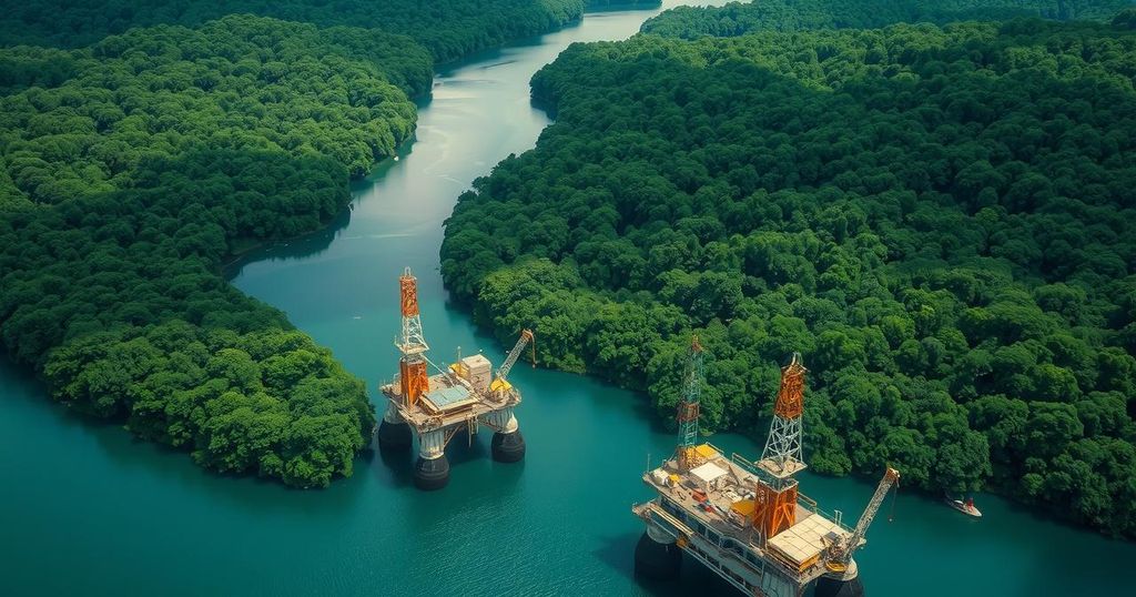 Aerial view of the Amazon River with oil rigs and lush green forest emphasizing environmental impact.