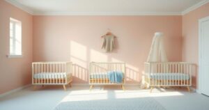 A declining birth rate in Argentina represented by empty cribs and a calendar, with soft pastel colors and a minimalist style.