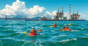 Kayakers paddle in San Francisco Bay with Chevron refinery in background, highlighting Indigenous leaders' environmental advocacy.