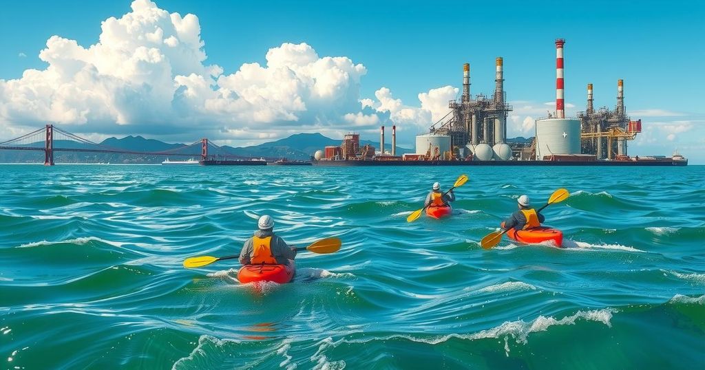 Kayakers paddle in San Francisco Bay with Chevron refinery in background, highlighting Indigenous leaders' environmental advocacy.