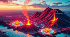 An artistic depiction of Bitcoin adoption resembling a vibrant geo-technical landscape with volcano motifs.
