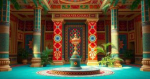 A celebratory scene depicting a ceremonial award presentation with national symbols of India and Ghana, rich colors, vibrant motifs.